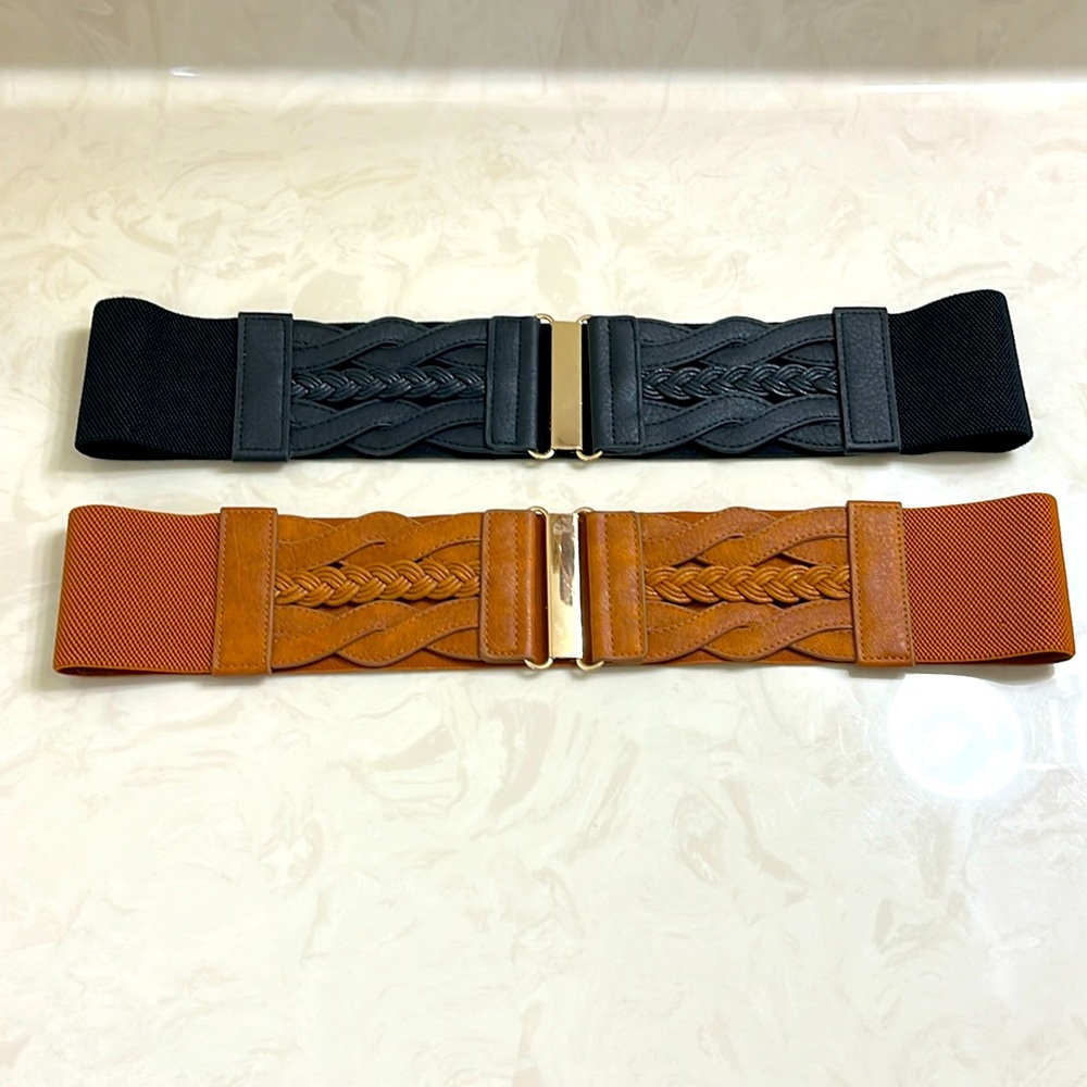 EUC Two-pack Faux Leather and Elastic Wrap Belts w/ Plated Metal Clasps